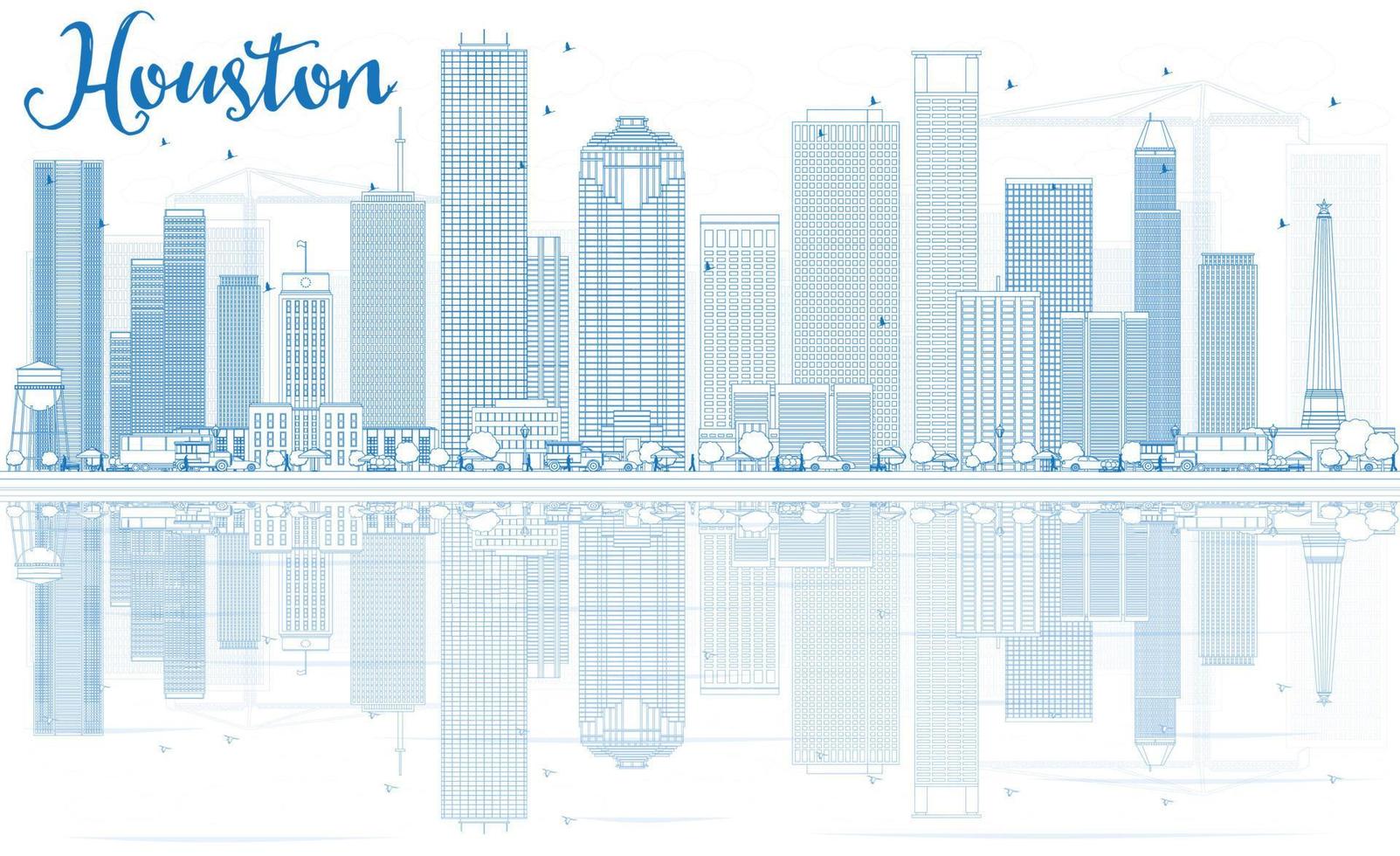 Outline Houston Skyline with Blue Buildings and Reflections. vector