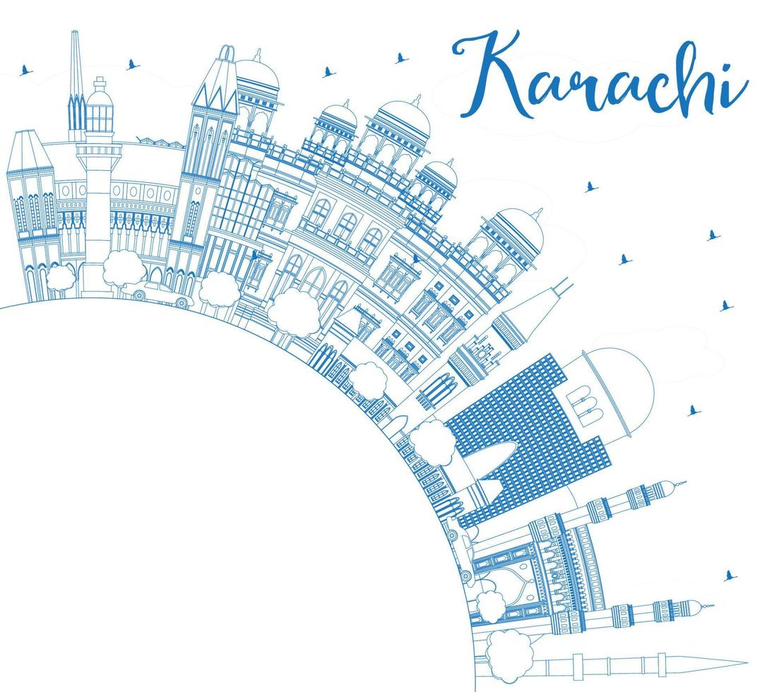 Outline Karachi Skyline with Blue Landmarks and Copy Space. vector