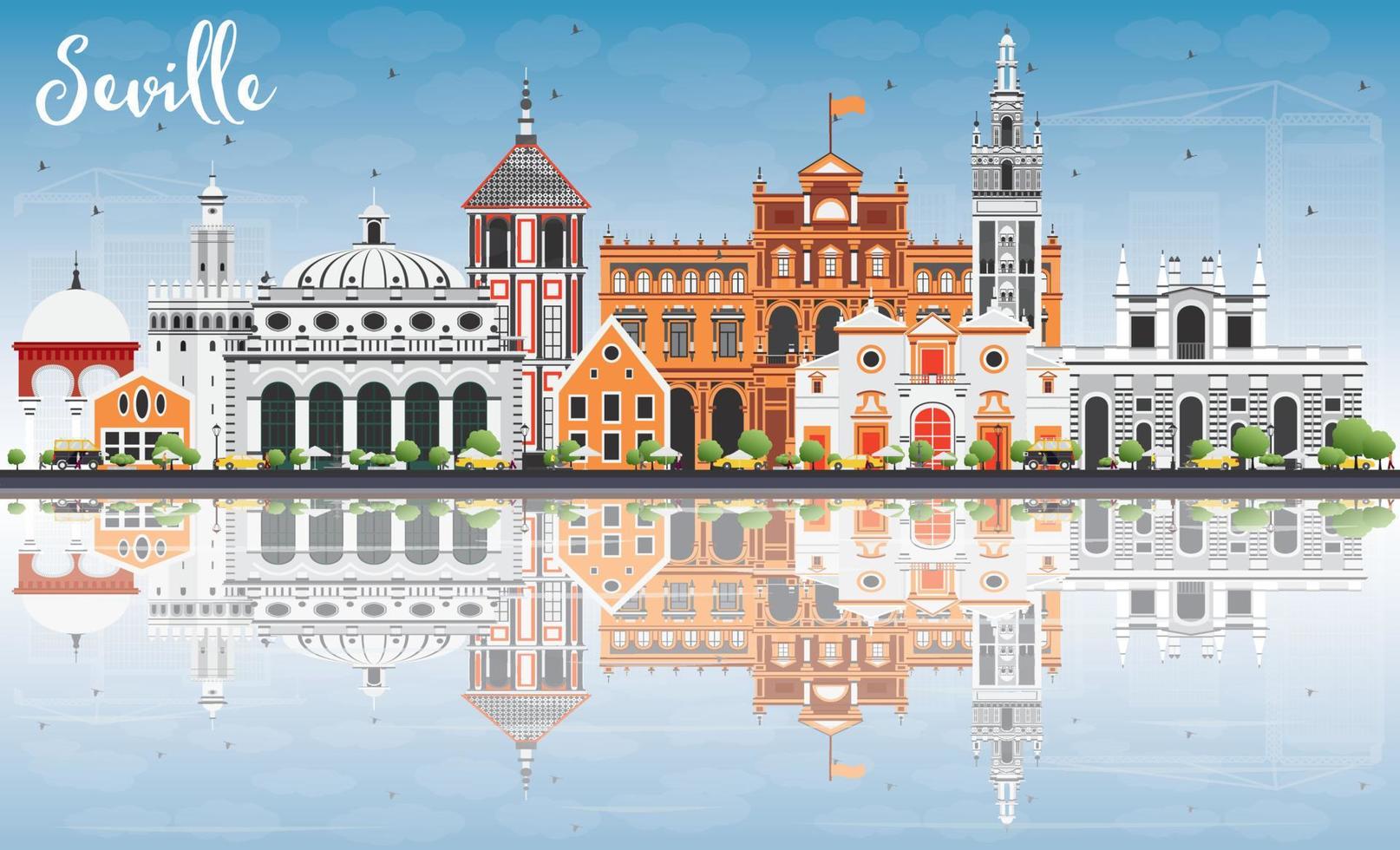 Seville Skyline with Color Buildings, Blue Sky and Reflection. vector