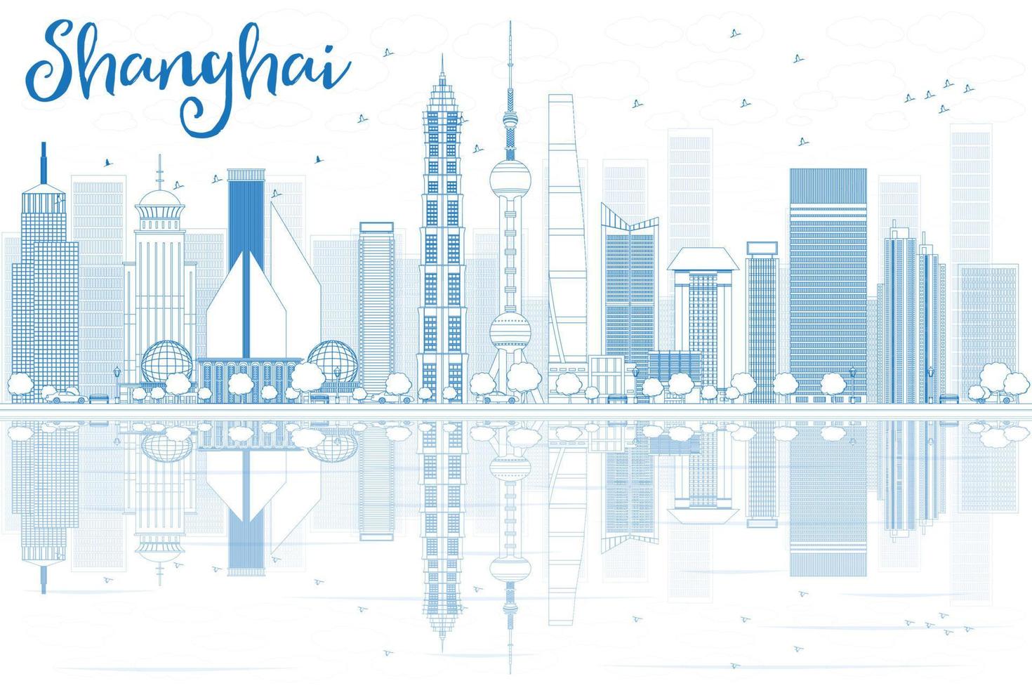 Outline Shanghai skyline with blue skyscrapers and reflections. vector