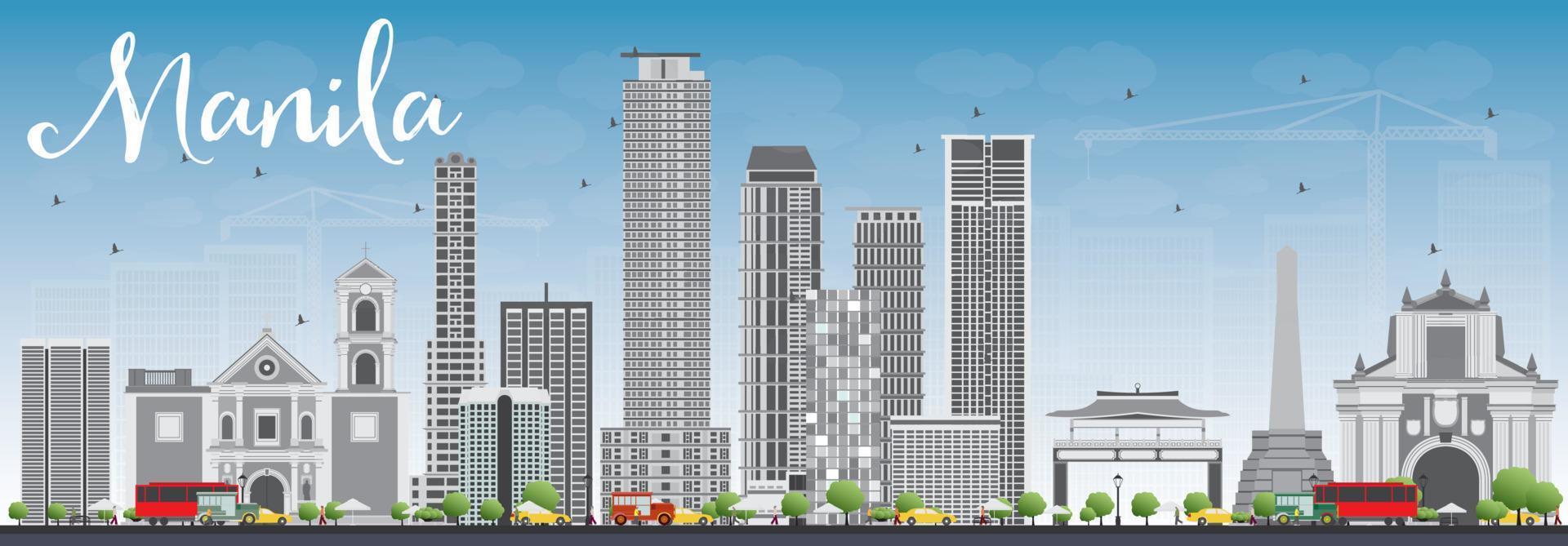 Manila Skyline with Gray Buildings and Blue Sky. vector