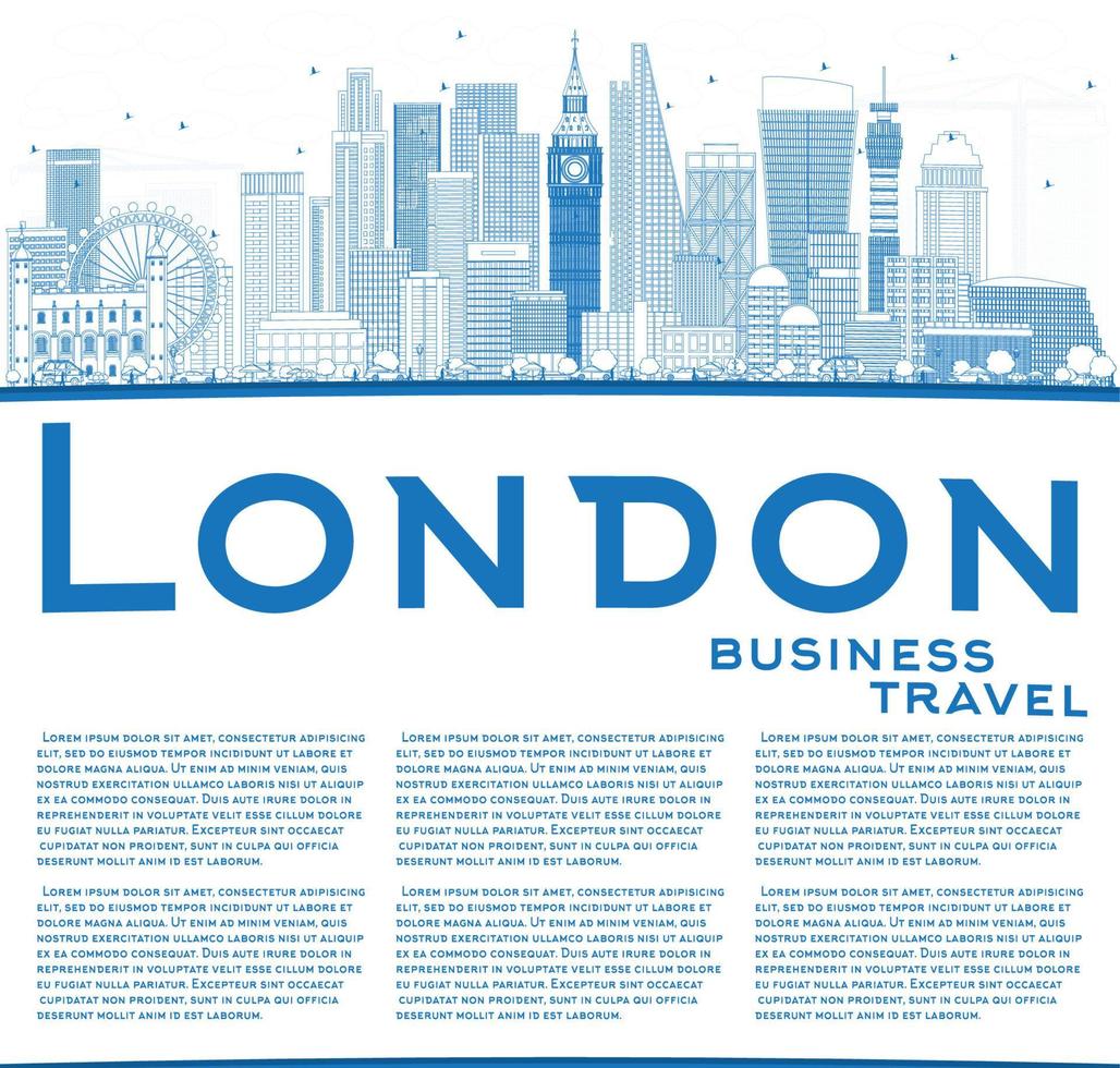 Outline London Skyline with Blue Buildings and Copy Space. vector