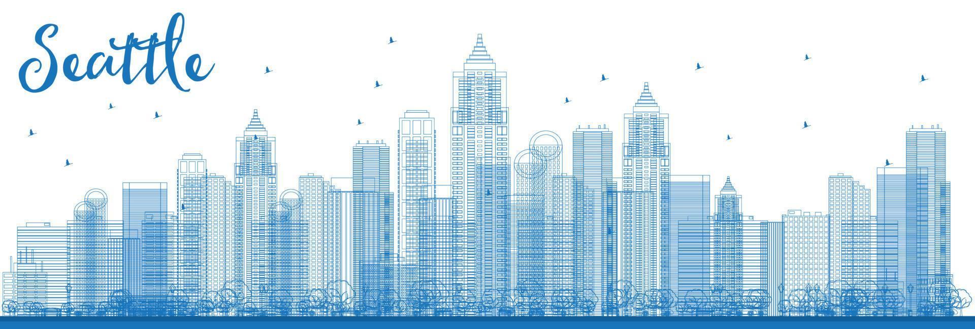Outline Seattle City Skyline with Blue Buildings. vector