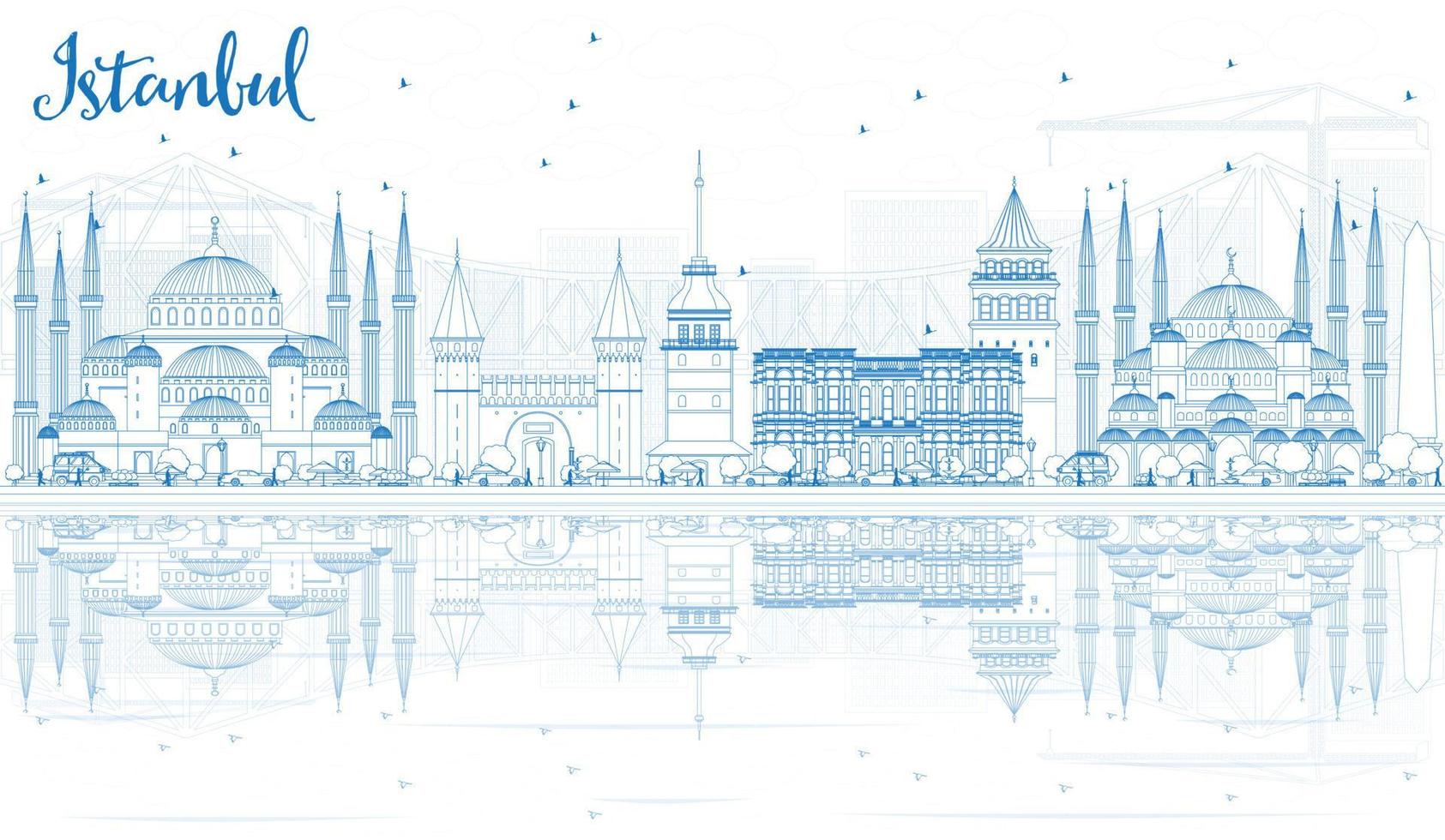 Outline Istanbul Skyline with Blue Landmarks and Reflections. vector