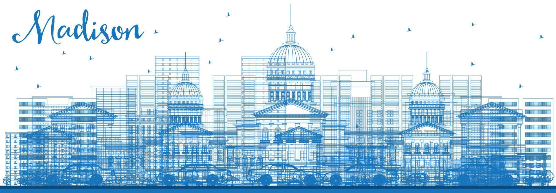Outline Madison Skyline with Blue Buildings. vector