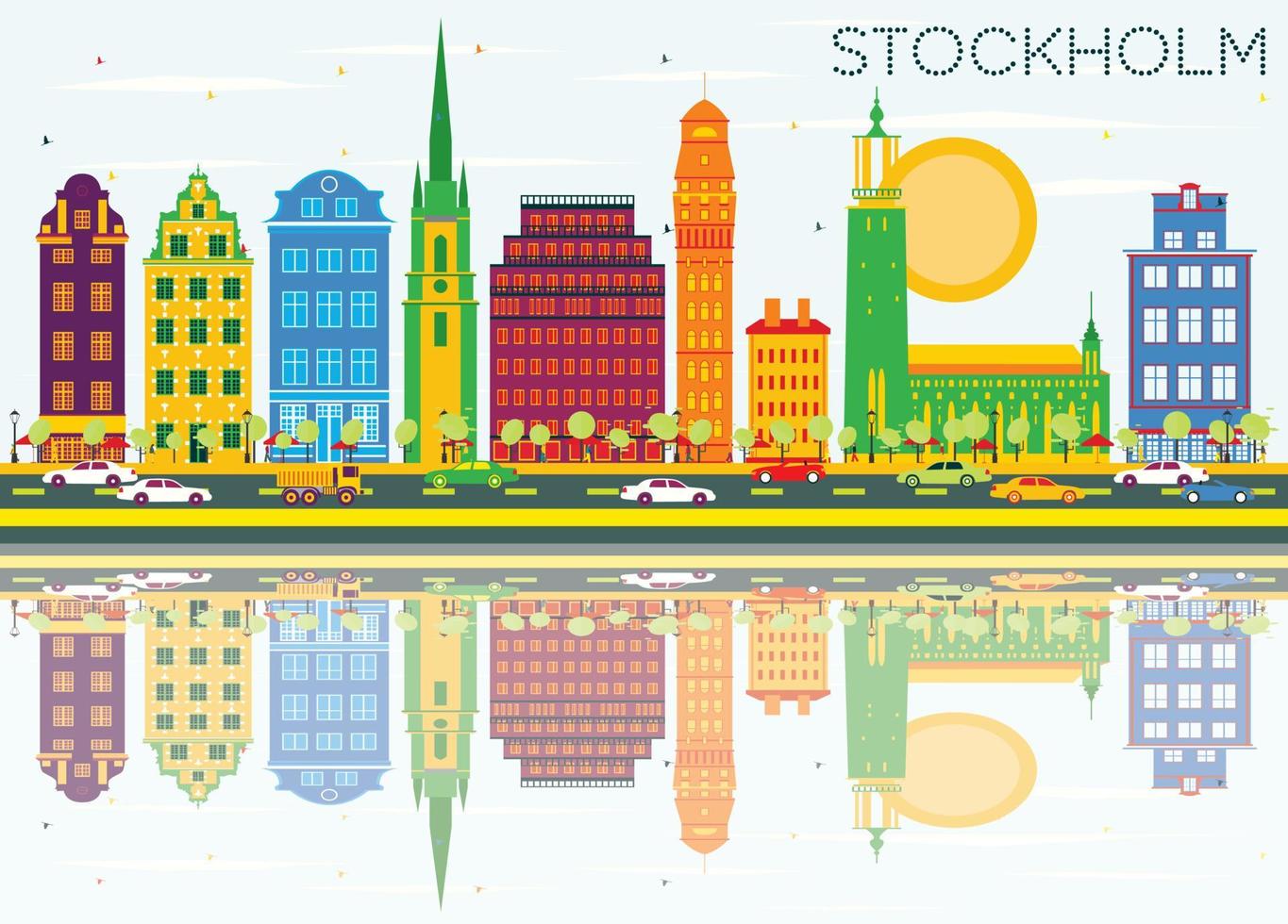 Stockholm Skyline with Color Buildings, Blue Sky and Reflections. vector