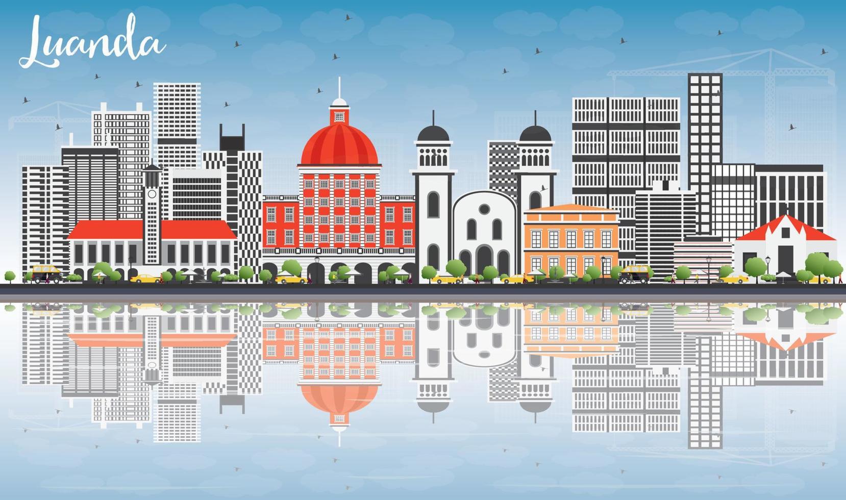 Luanda Skyline with Gray Buildings, Blue Sky and Reflections. vector