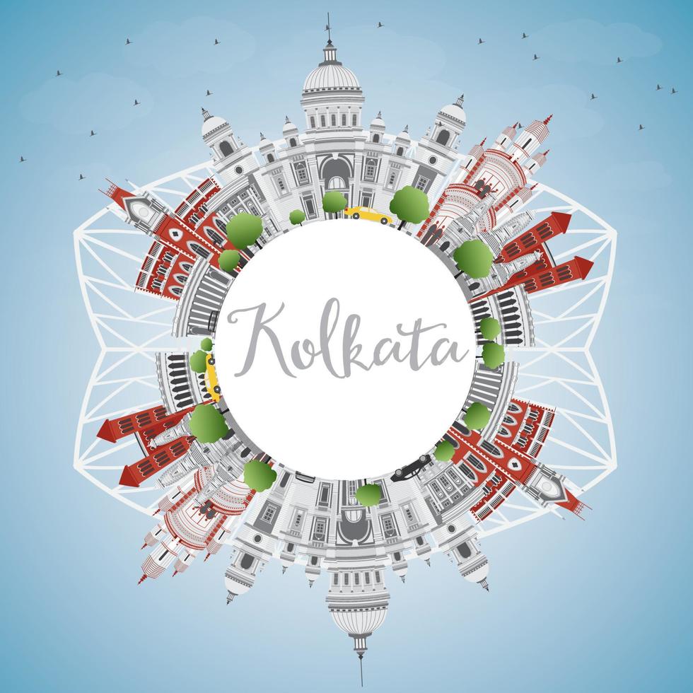 Kolkata Skyline with Gray Landmarks and Copy Space. vector