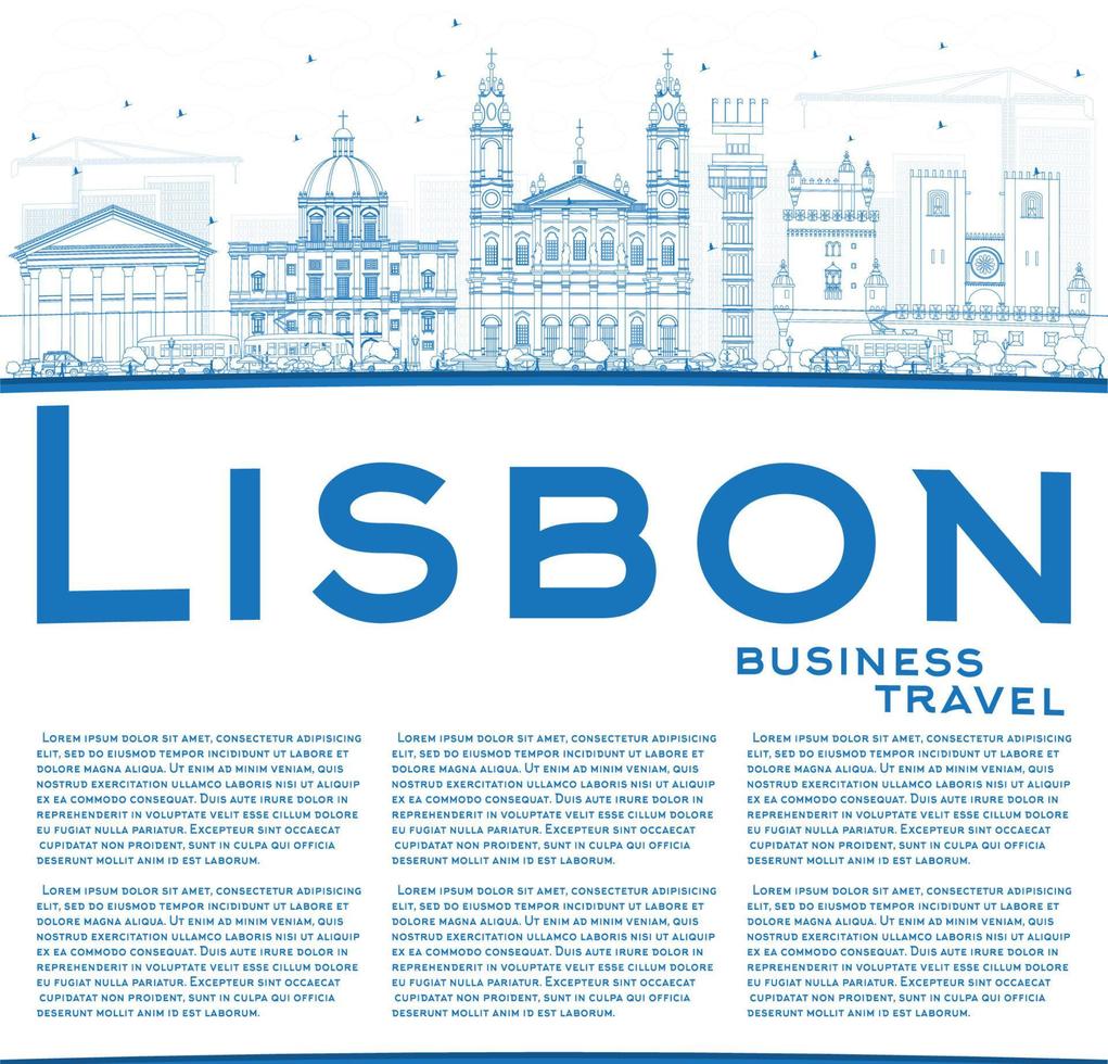 Outline Lisbon Skyline with Blue Buildings and Copy Space. vector