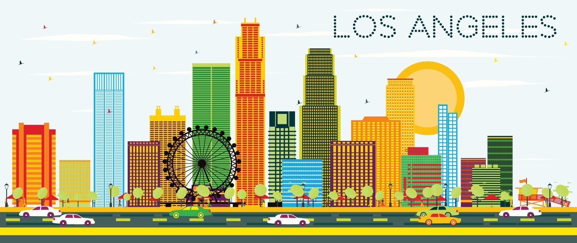 Los Angeles Skyline with Color Buildings and Blue Sky. vector