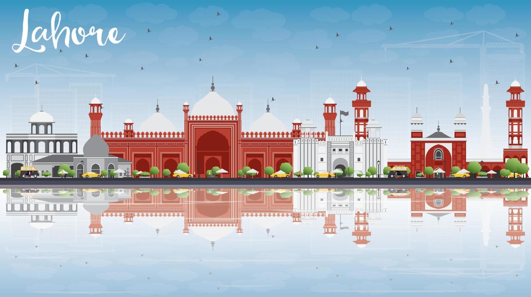 Lahore Skyline with Gray, Red Landmarks and Reflections. vector