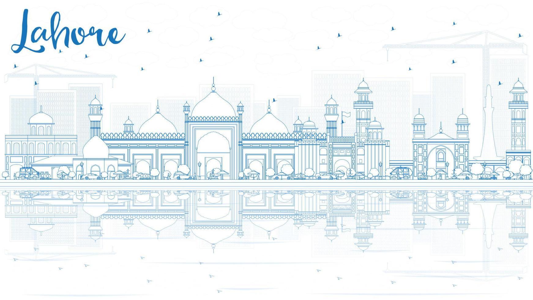Outline Lahore Skyline with Blue Landmarks and Reflections. vector