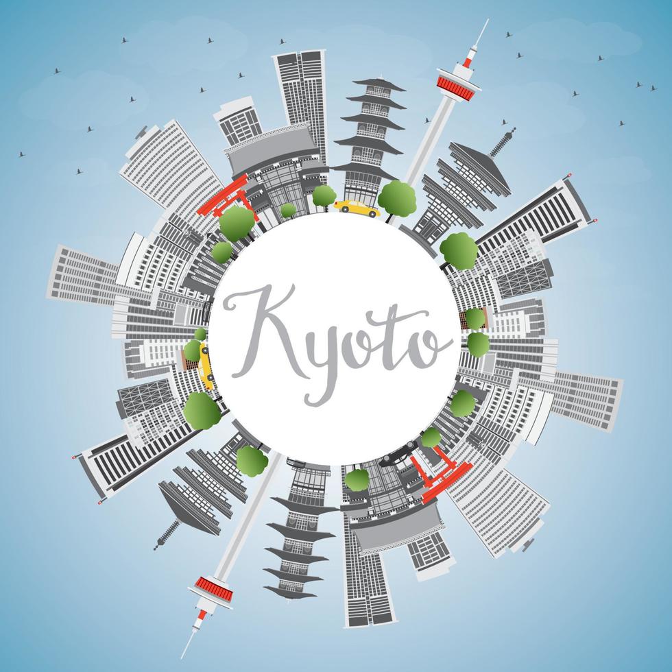 Kyoto Skyline with Gray Landmarks, Blue Sky and Copy Space. vector