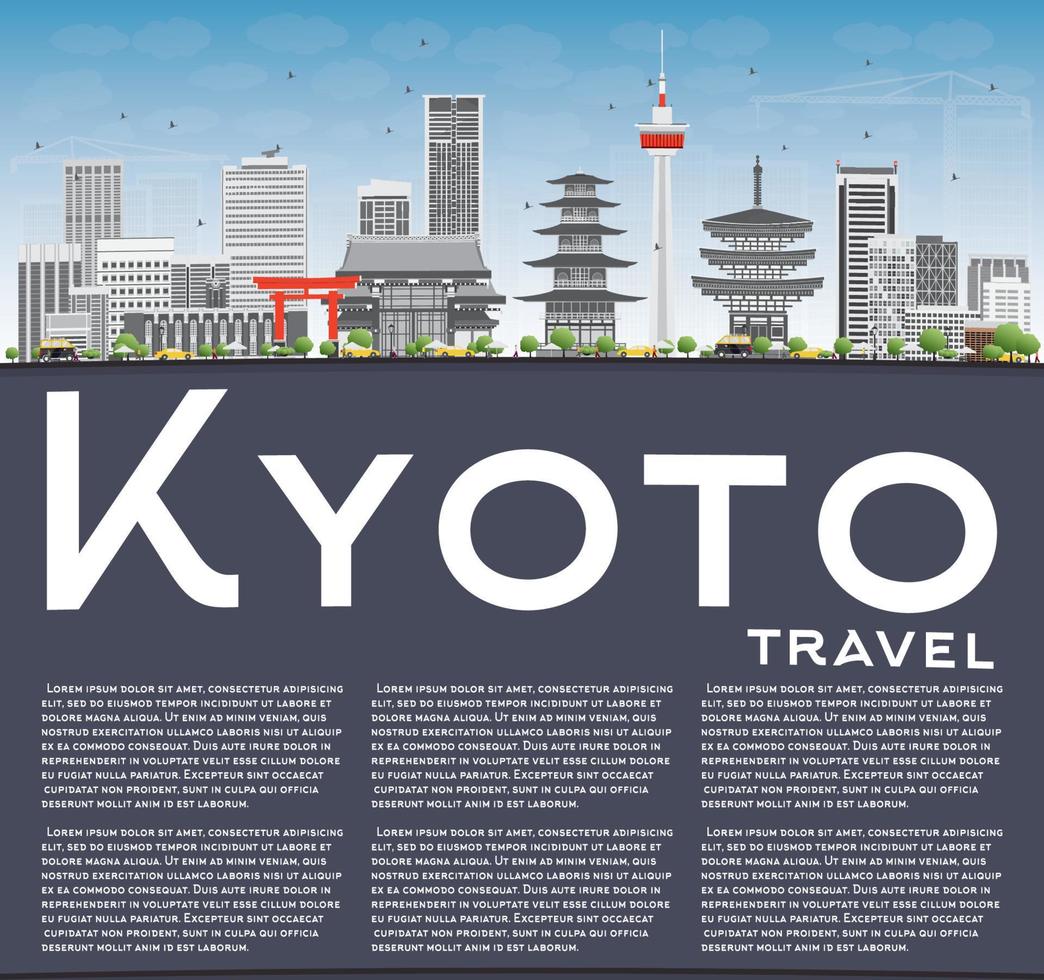 Kyoto Skyline with Gray Landmarks, Blue Sky and Copy Space. vector