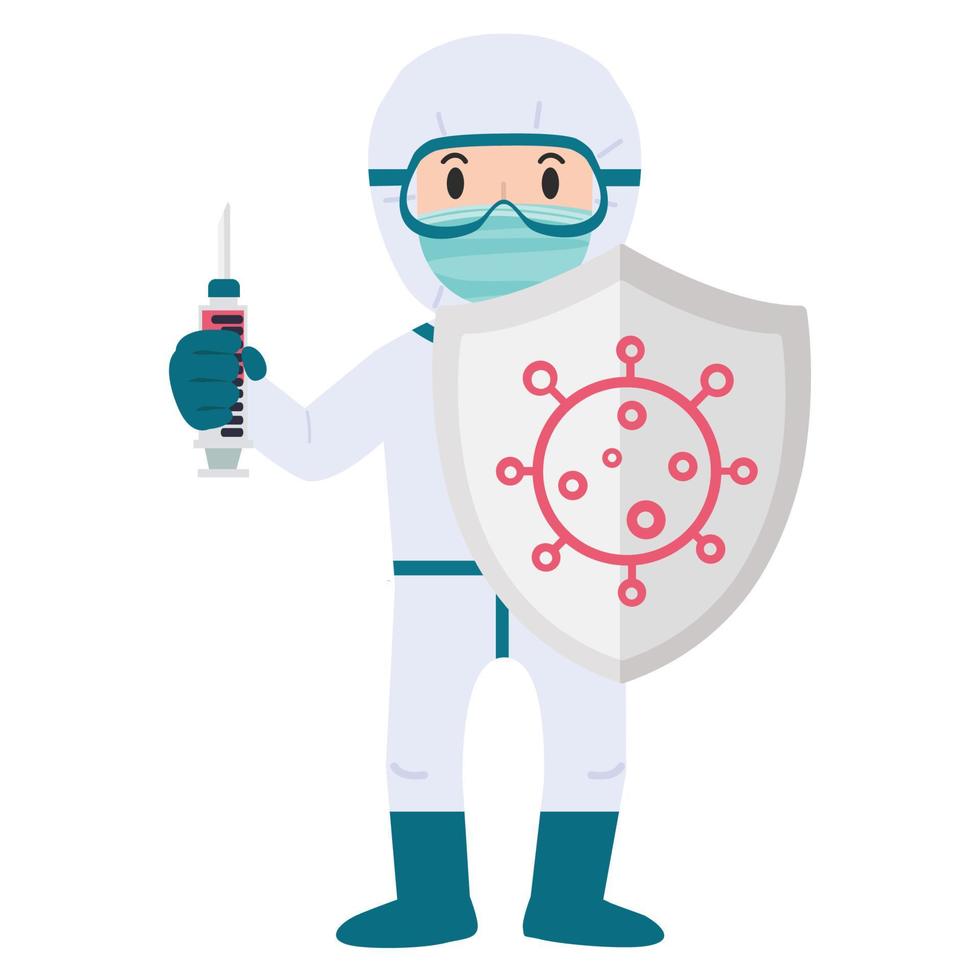 Biosafety worker With Shield And Syringe cartoon for covid19 vector