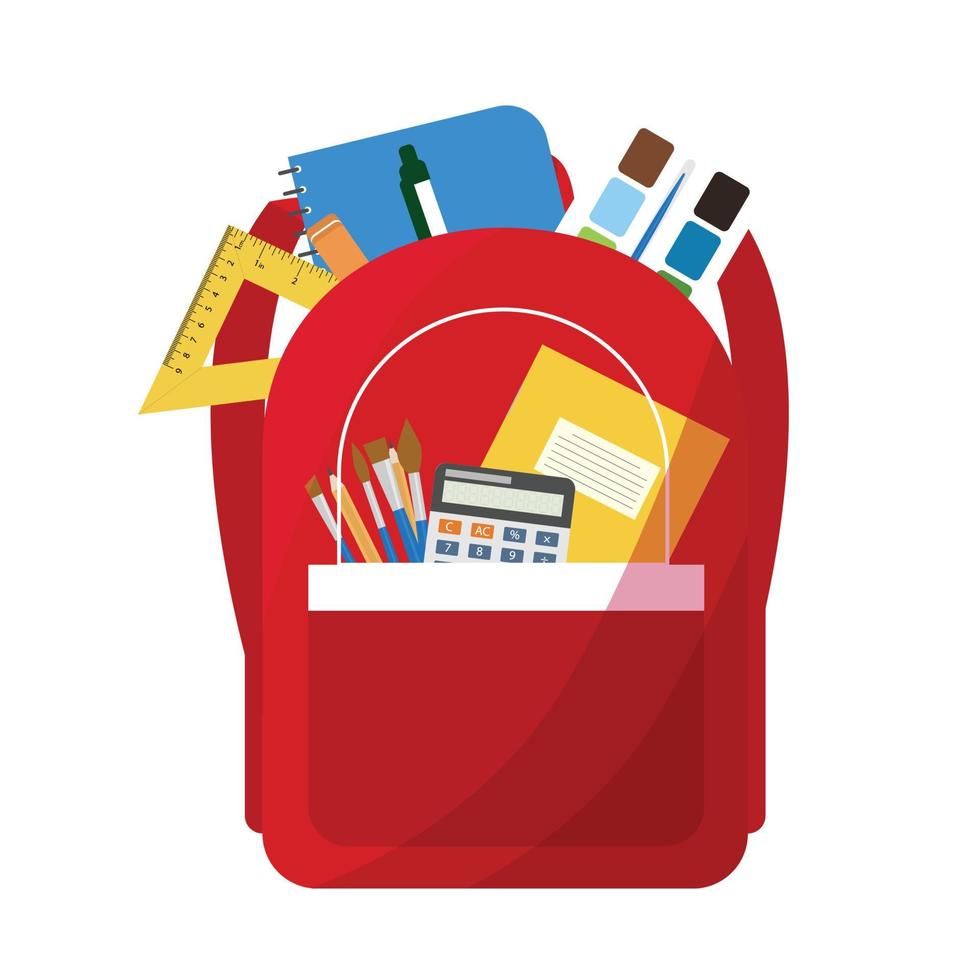 school bag with stationery. Back to school ad poster template. red