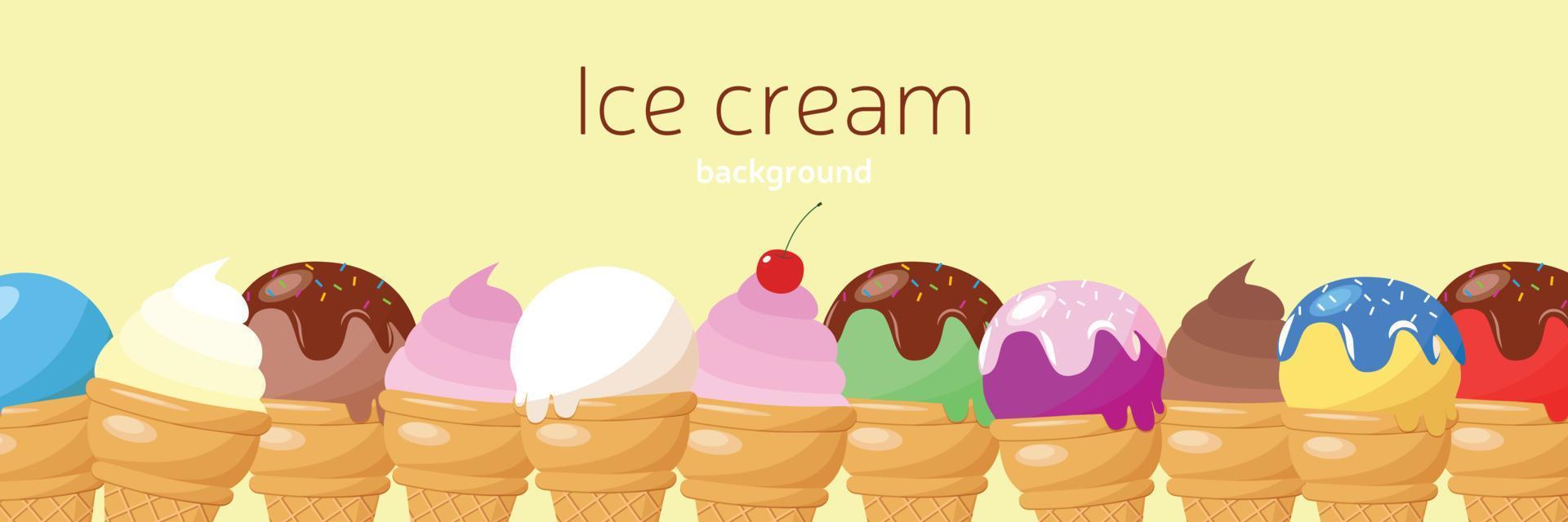 Sweet banner. Various flavors of ice cream in cones of blueberry, strawberry, pistachio, almond, orange and cherry set on a background. Summer and sweet menu. vector