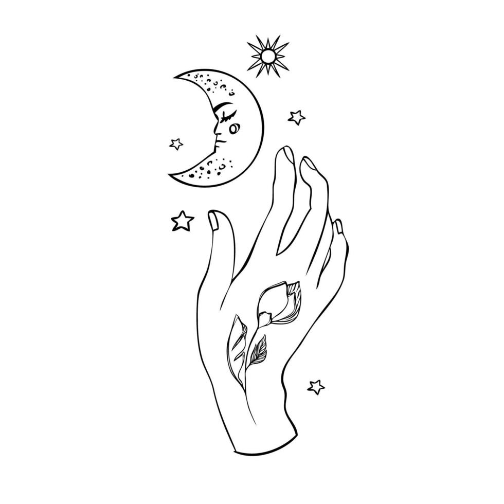 ilustración de arte de línea de vector de composición mística con elementos mágicos. mano femenina sostenga la luna y las estrellas