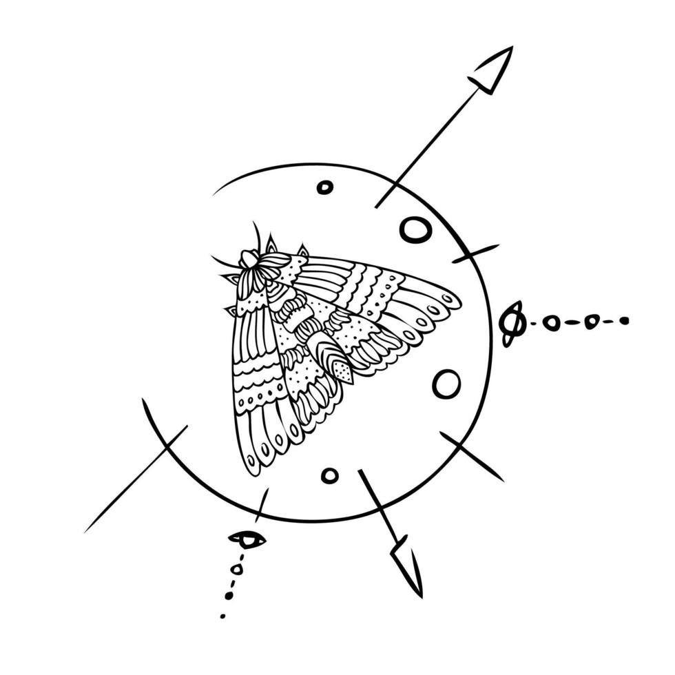 ilustración de arte de línea de vector de composición mística con elementos mágicos. polilla nocturna con figura geométrica abstracta