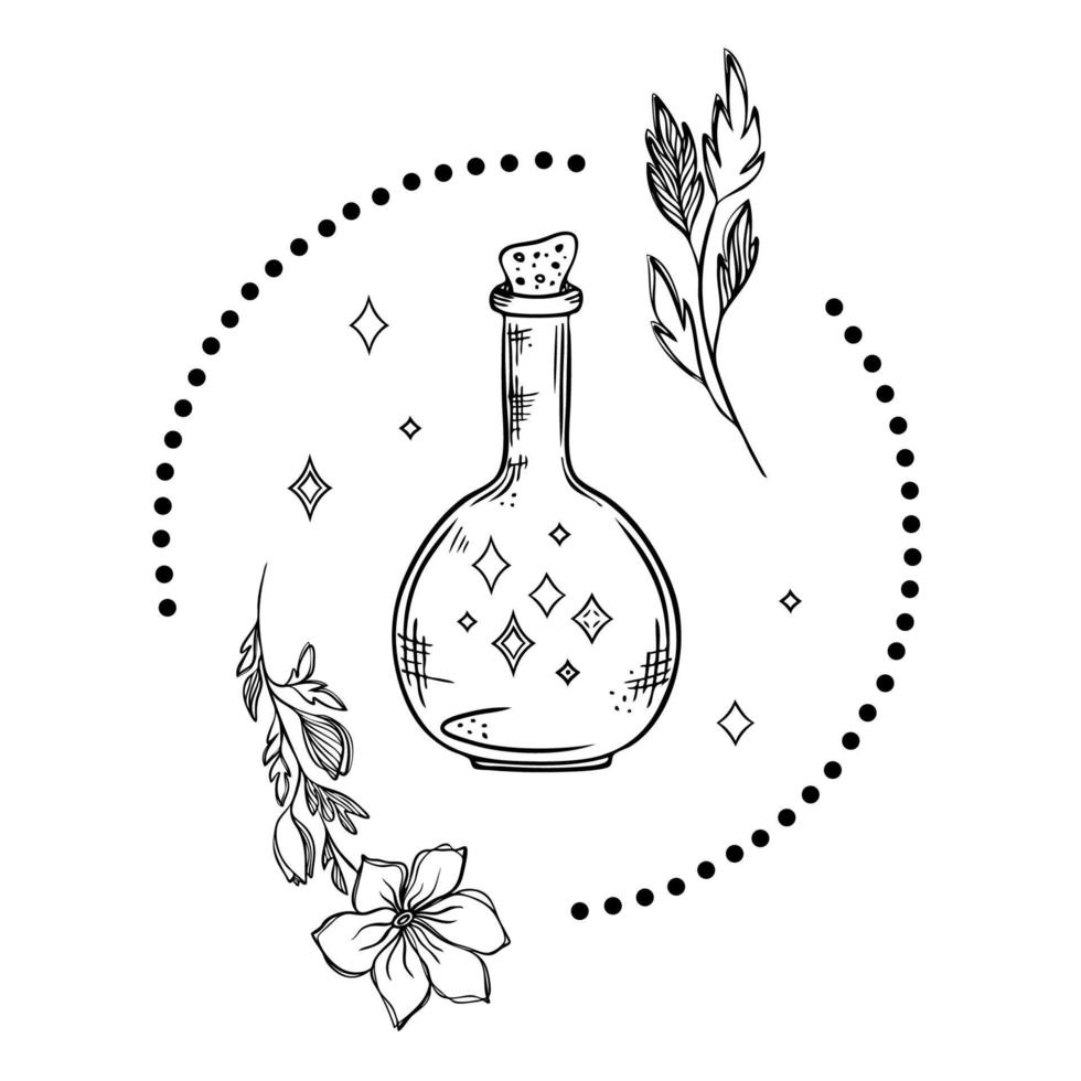 Mystical composition vector line art illustration with magic elements. Stars in glass bottle