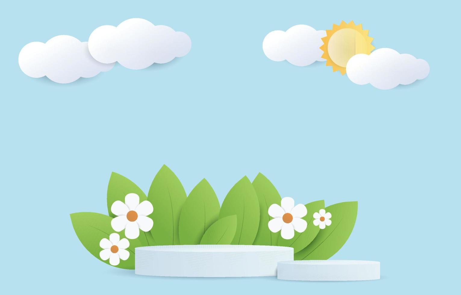 Paper cut of Summer season on nature landscape, sun and clouds on blue sky background with circular stage podium for products display presentation. vector