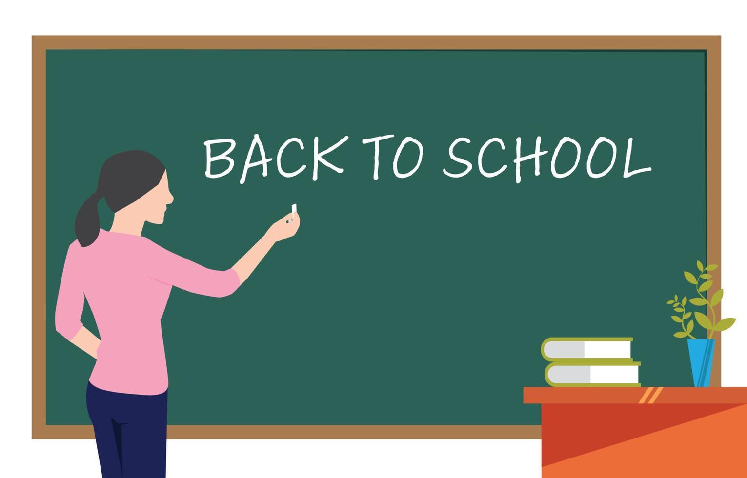 Back view female teacher in classroom writing Back to School with white chalk on greenboard. vector
