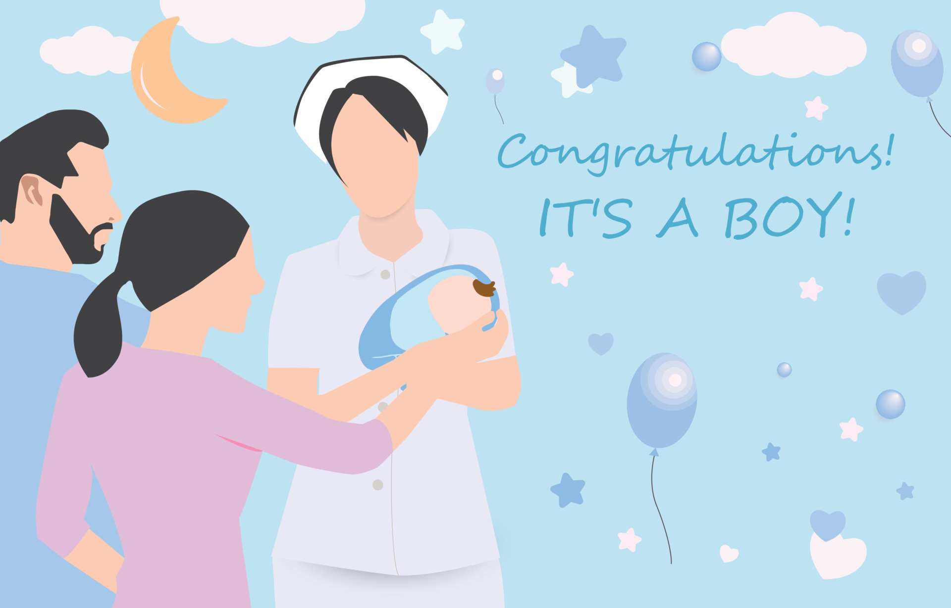 Happy parent and nurse holding newborn boy baby on hands. Dad and Mom  meeting child infant have comfort from doctor. Motherhood concept. Baby  shower banner with cartoon. It's a boy. Flat vector.