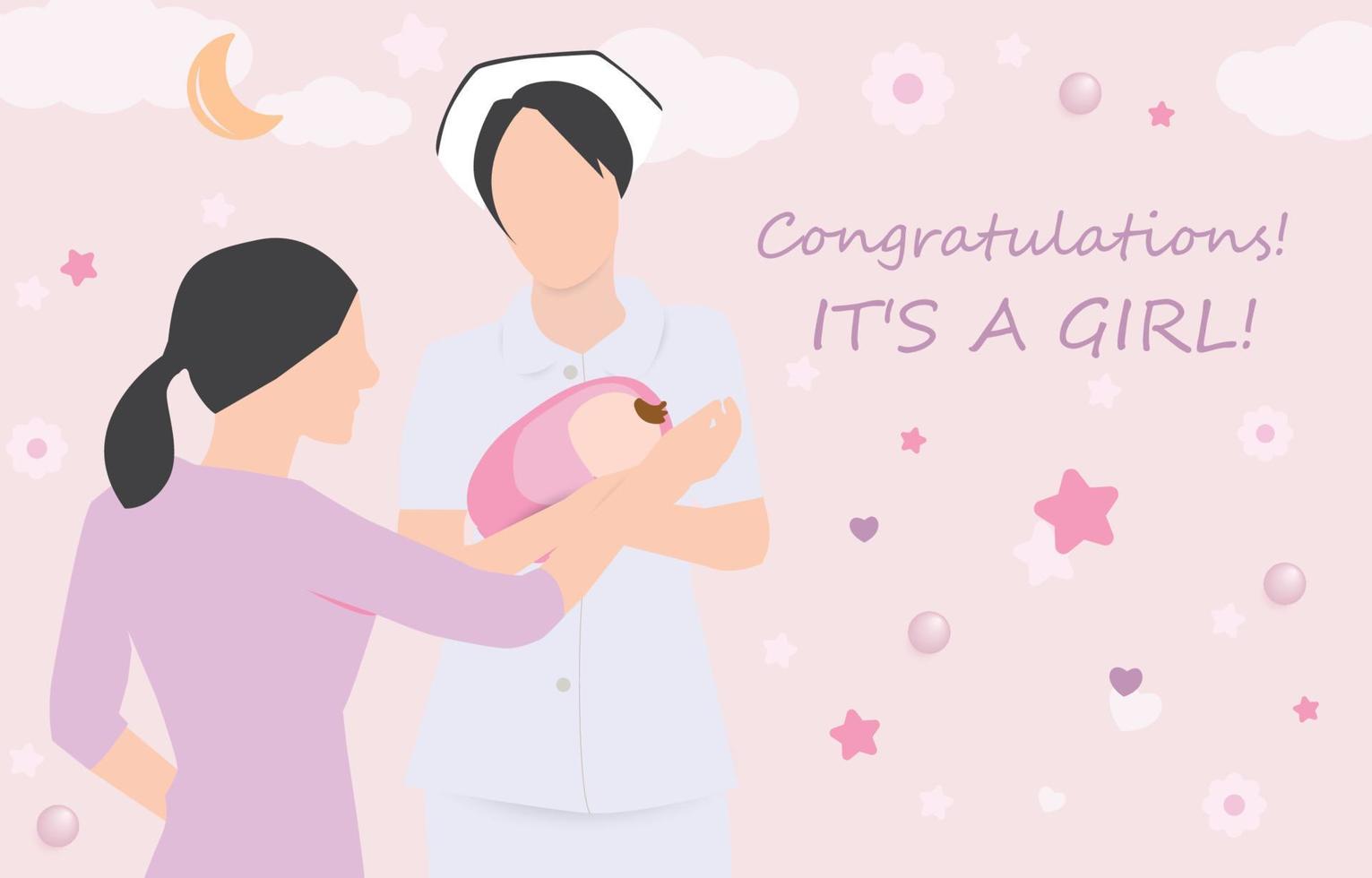 Happy young mother and nurse holding newborn girl baby on hands. Mom meeting child infant have comfort from doctor. Motherhood concept. Baby shower banner with cartoon. It's a girl. Flat vector. vector