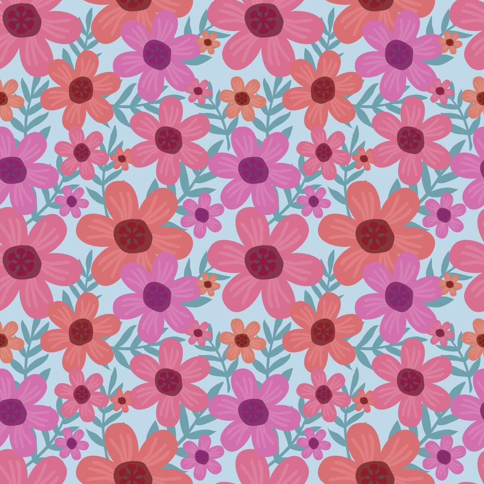 patrón floral de moda en los muchos tipos de flores. motivos botánicos tropicales dispersos al azar. textura de vector transparente. impresión con estilo dibujado a mano sobre fondo azul.