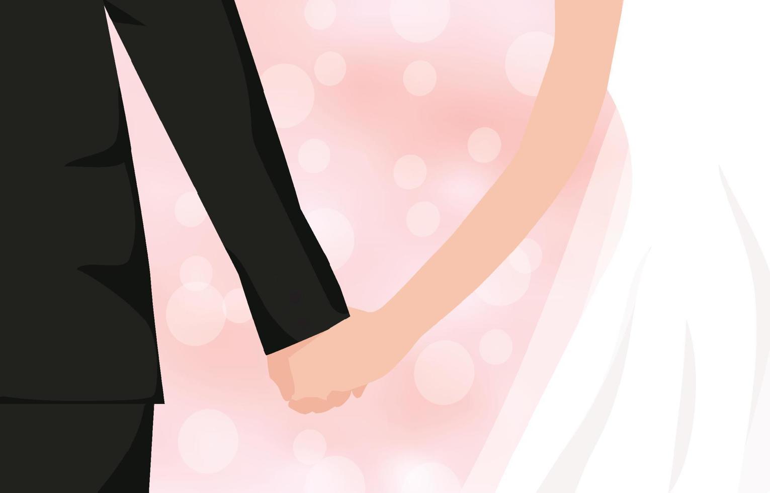 primer plano de una novia y un novio cogidos de la mano aislados sobre un fondo rosa bokeh. pareja amorosa en el tema del día de la boda. ilustración vectorial vector