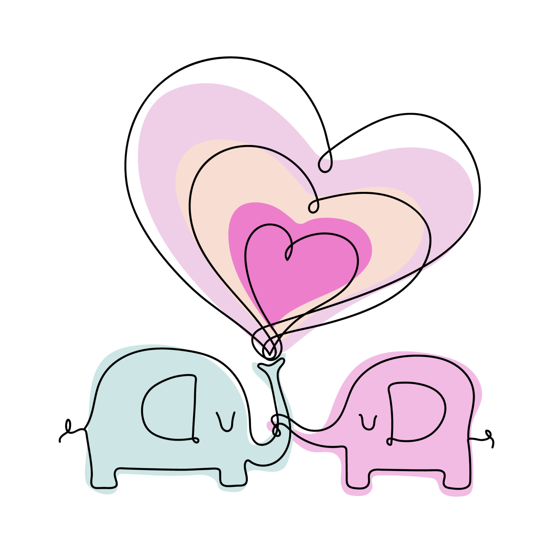 Elephants in love, Line art style illustration. Continuous Line drawing
