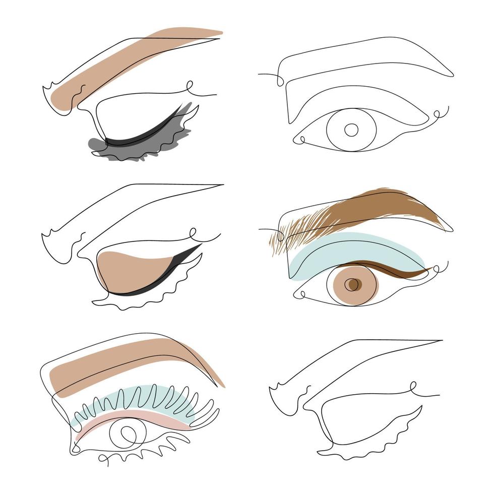 Set of beautiful Womans Eyes in Line art style. One Line drawing, continuous Line, linear, minimalism. Vector hand drawn illustration.