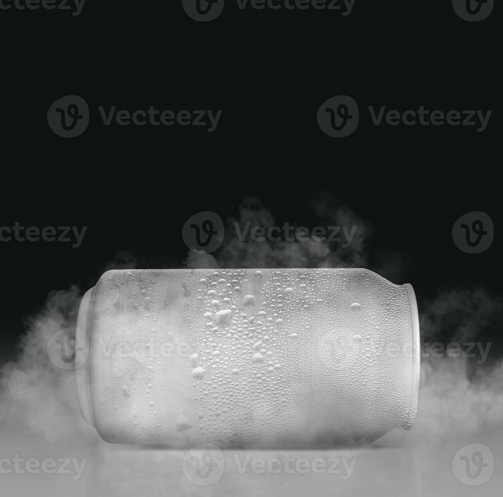 An unbranded freezing cold aluminum tin can with cold vapor an isolated dark studio background - 3D render photo