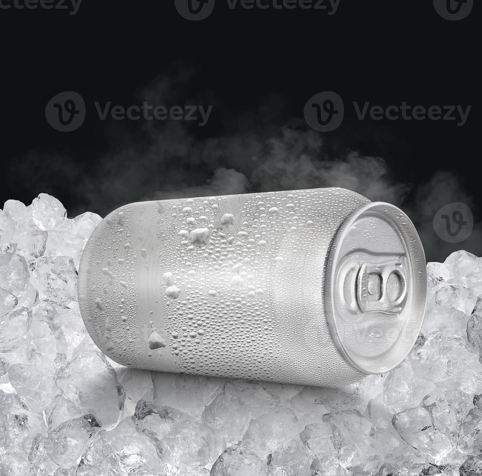 An unbranded freezing cold aluminum tin can with cold vapor an isolated dark studio background - 3D render photo