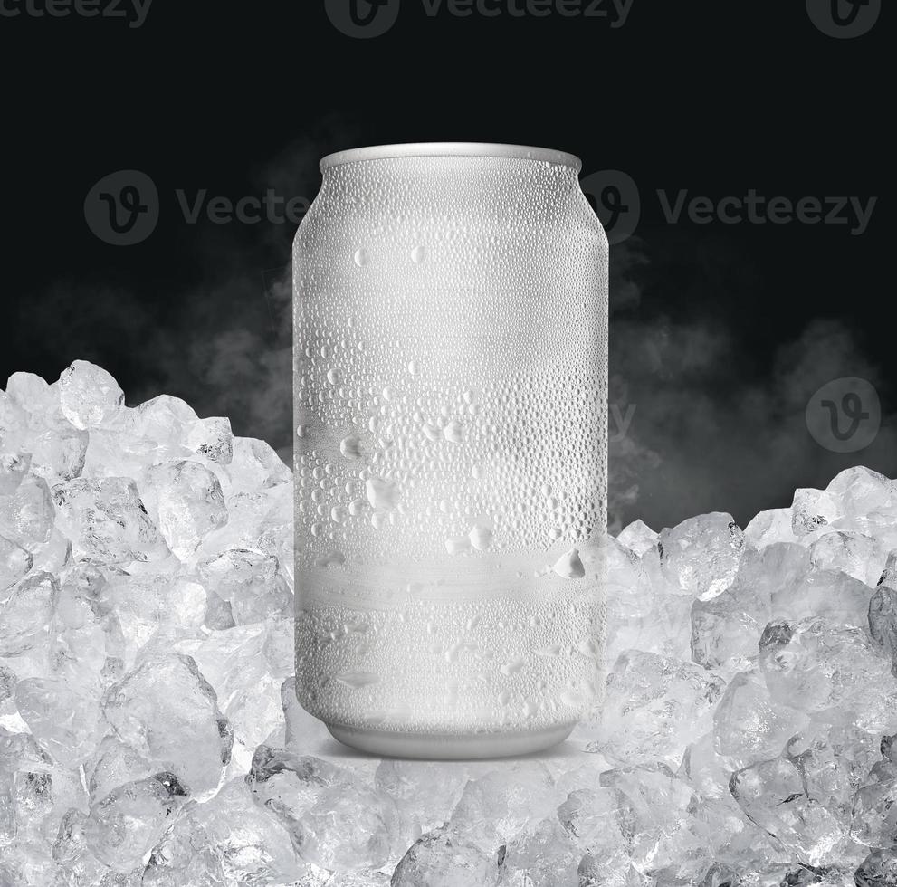 An unbranded freezing cold aluminum tin can with cold vapor an isolated dark studio background - 3D render photo