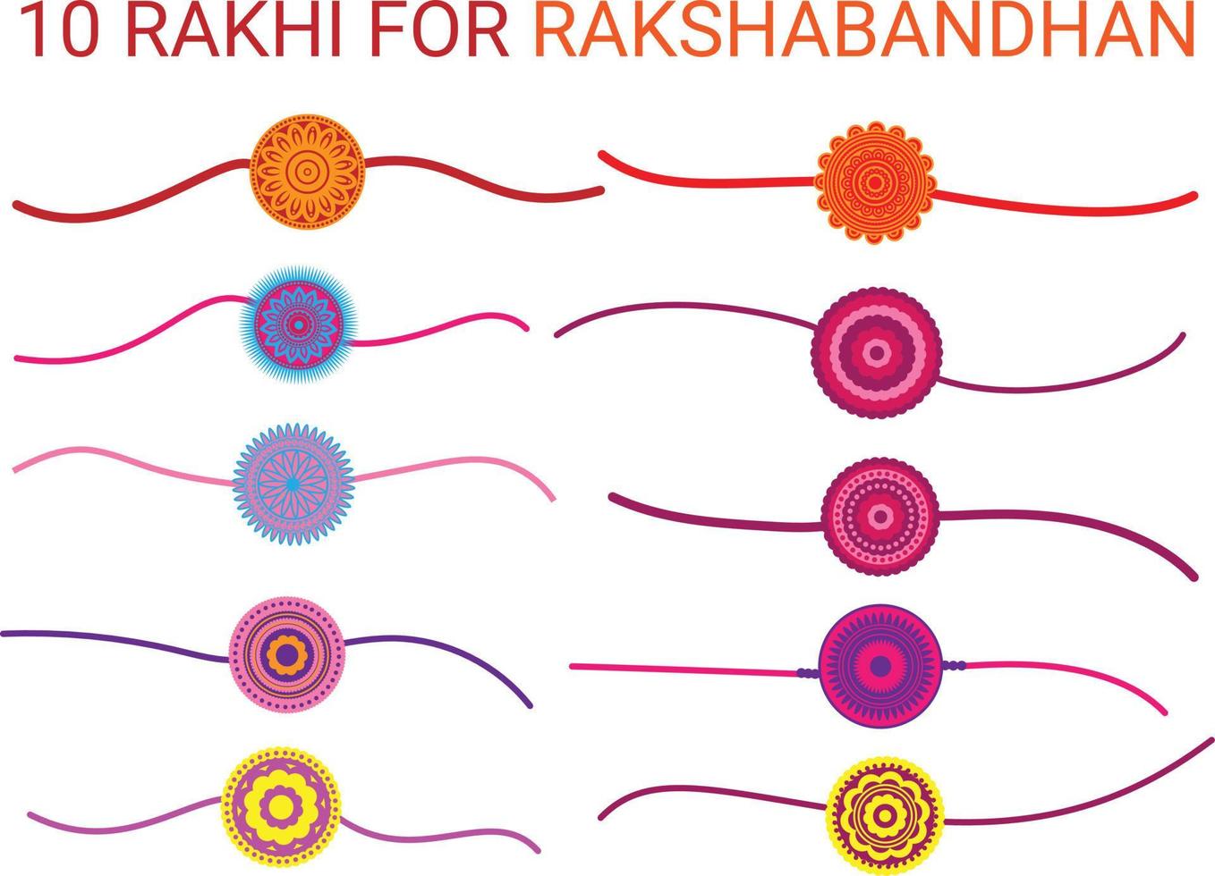 10 vector Rakhi for Indian festival of Rakshabandhan, 10 decorative rakhi