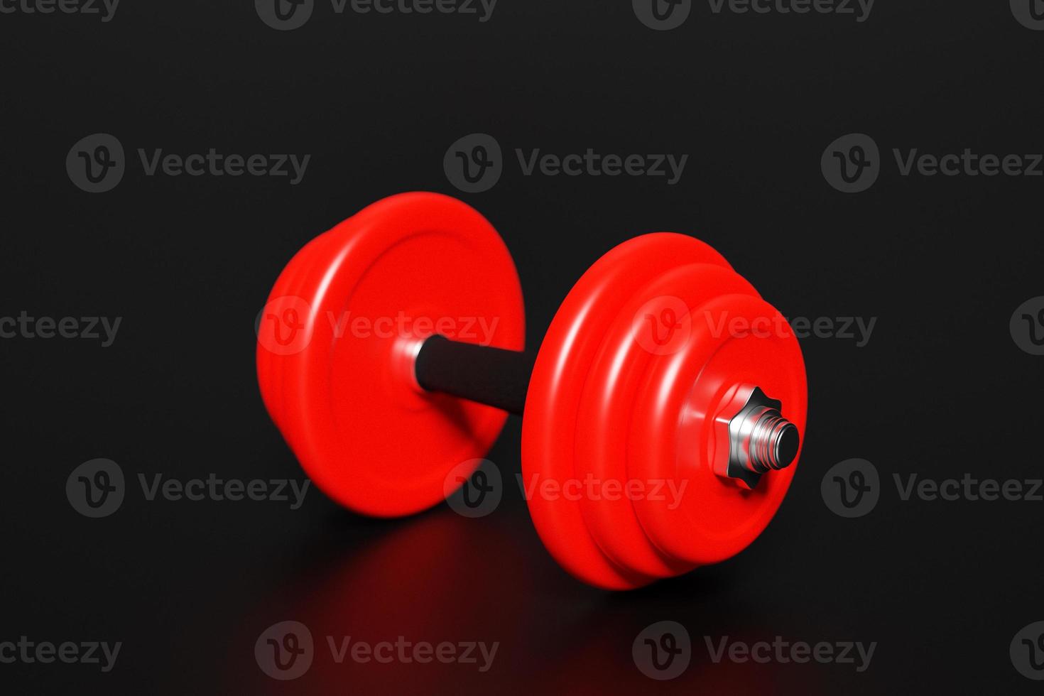 3d render illustration of a dumbbell with  red  plates, isolated on black background. Creative concept. photo