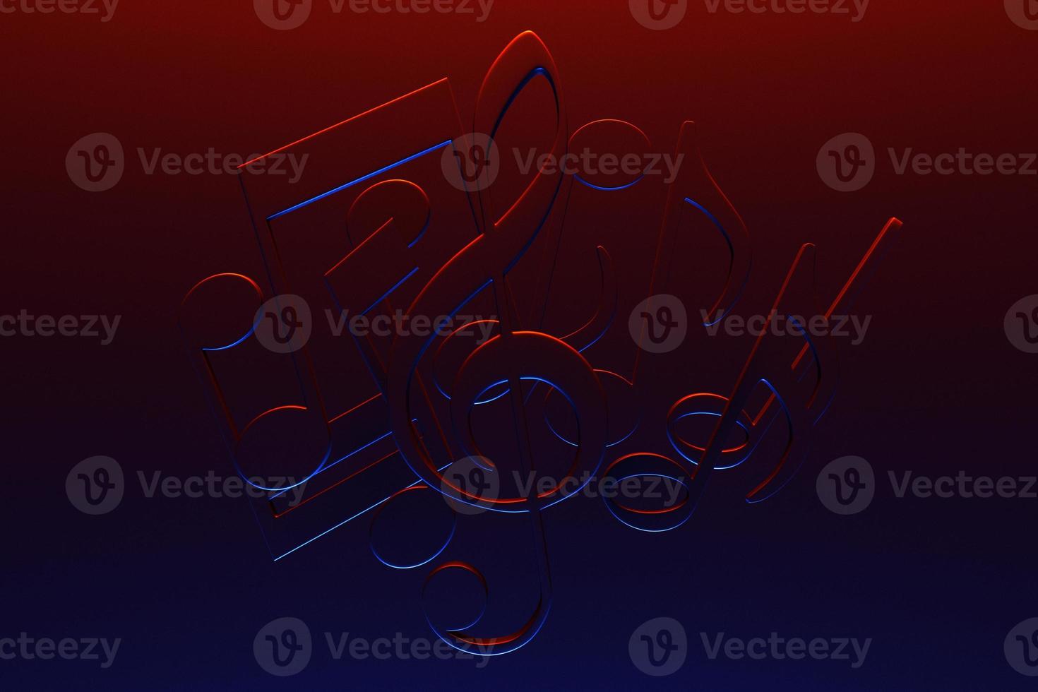 Musical notes and symbols with curves and swirls on a black background under red neon color. 3D illustration photo