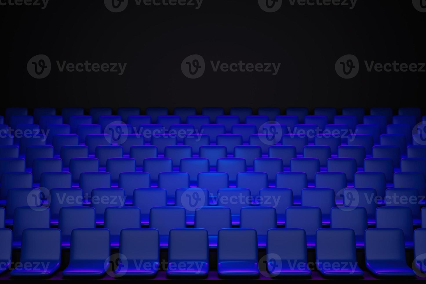 3D render the same rows of blue  cartoon soft chairs in the theater. Concept of a  beautiful movie theater with  chairs photo