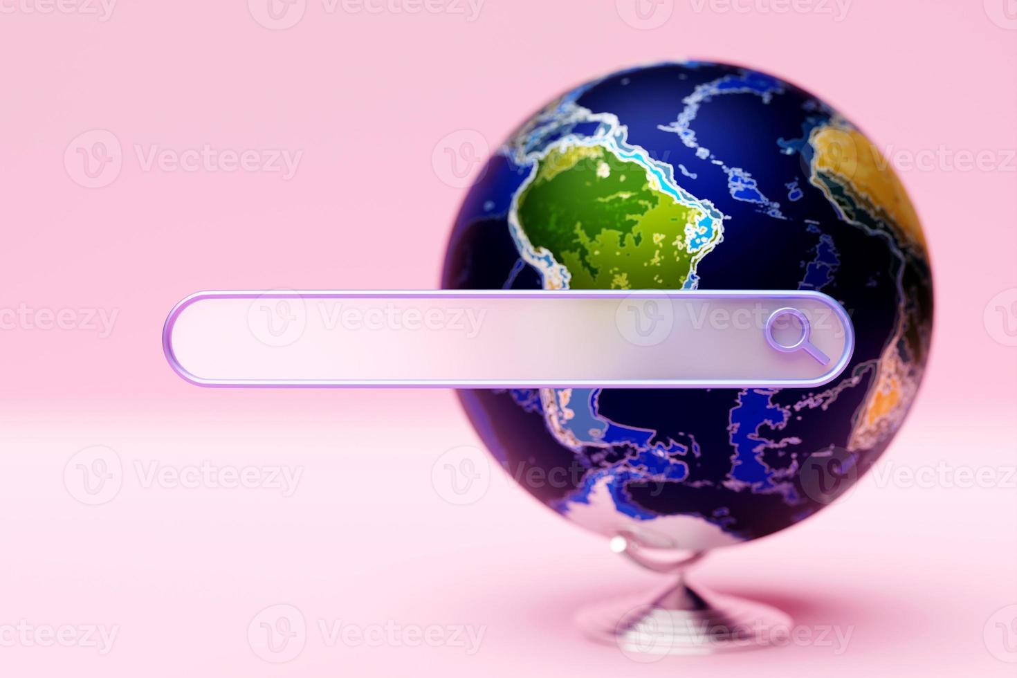 Ilustración 3d de una página de búsqueda en Internet y un modelo de planeta tierra con un mapa mundial sobre un fondo rosa. iconos de la barra de búsqueda foto