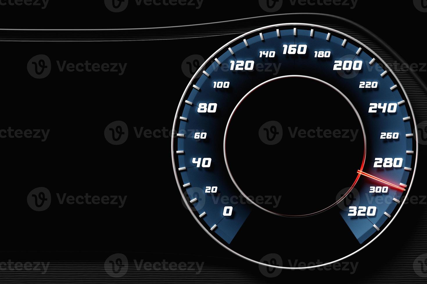 3D illustration close up black car panel, digital bright speedometer in sport style. The speedometer needle shows a maximum speed of 290 km h photo