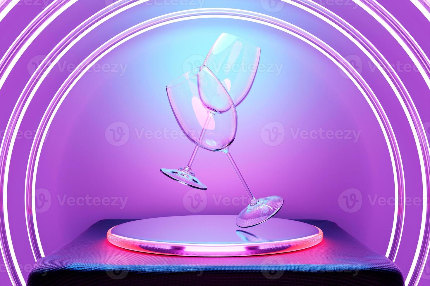 3d illustration of  wine glasses flying  on circle podium . Realistic illustration of a pair of wine glasses photo