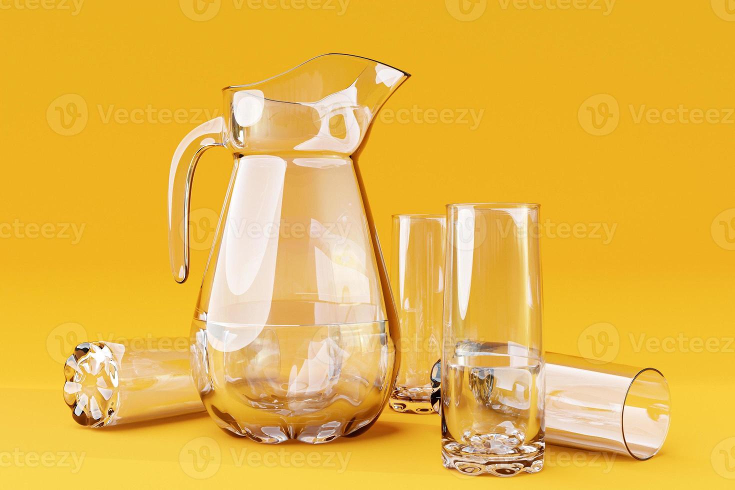 Empty crockery set, decanter with glasses on a yellow isolated background. healthy lifestyle concept photo