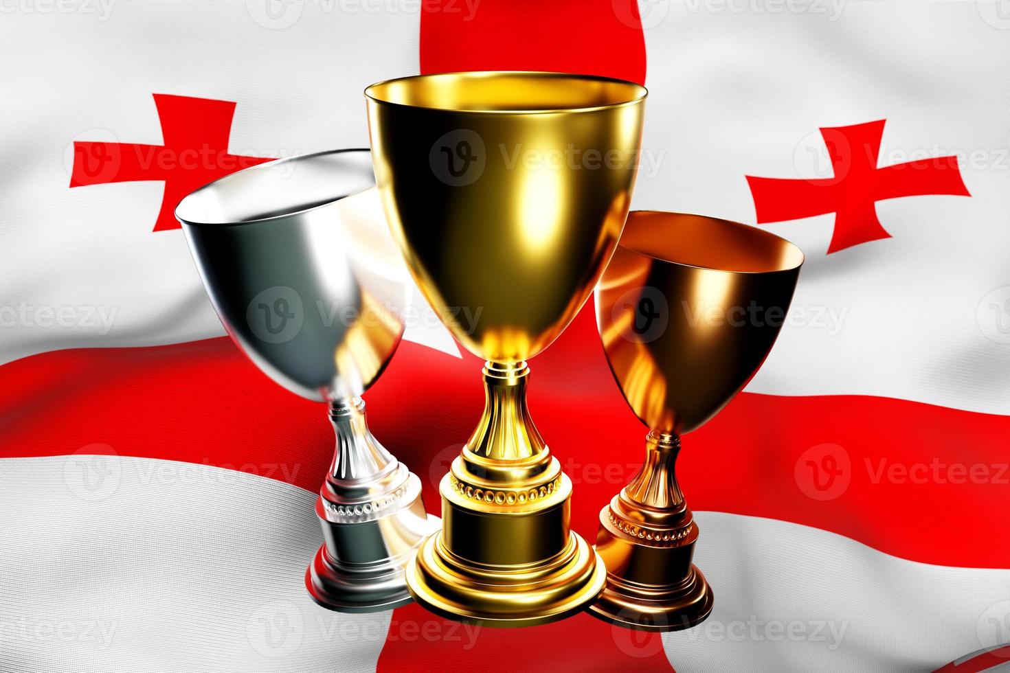 3d illustration of a cup of gold, silver and bronze winners on the background of the national flag of Georgia. 3D visualization of an award for sporting achievements photo