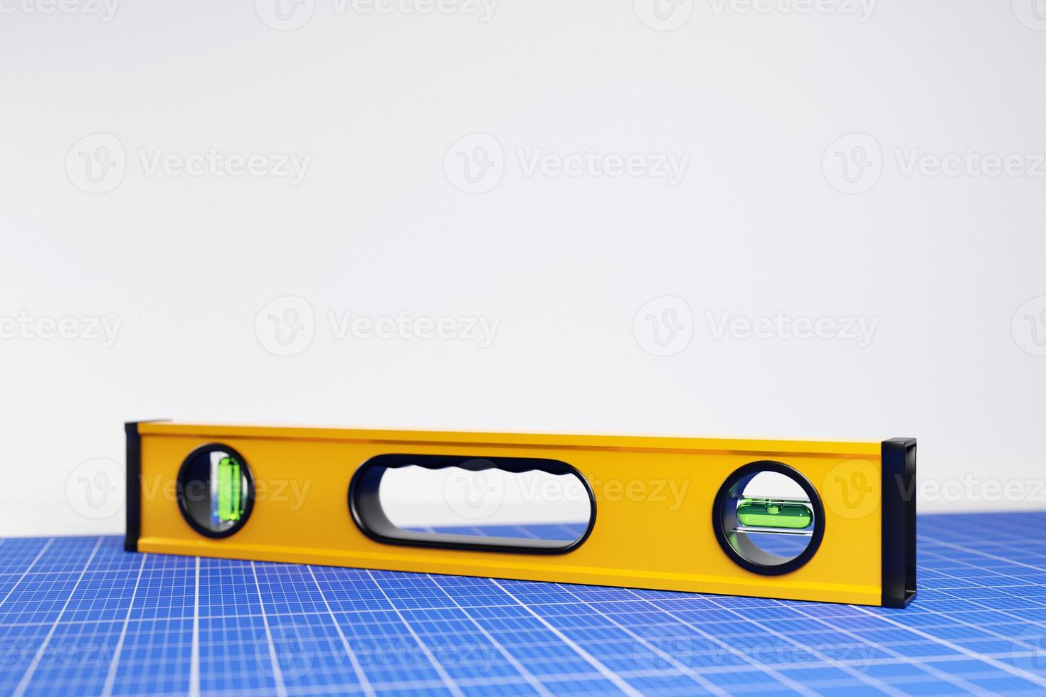 3d illustration of yellow level in cartoon style isolated on white background. Hand carpentry tool for the workshop. photo