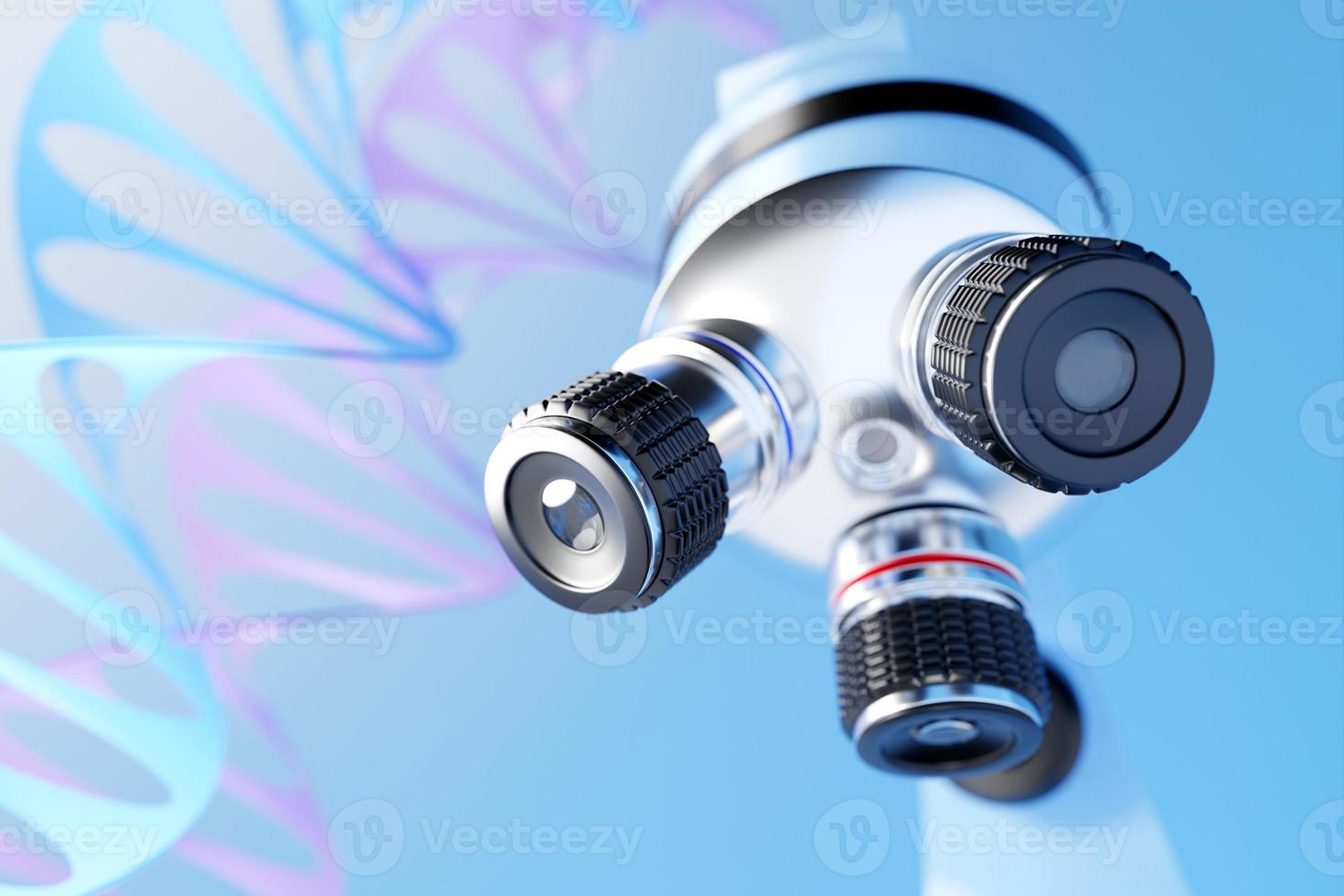 microscopio de laboratorio realista de ilustración 3d sin fondo azul. química 3d, instrumento farmacéutico, instrumento de aumento microbiológico. foto