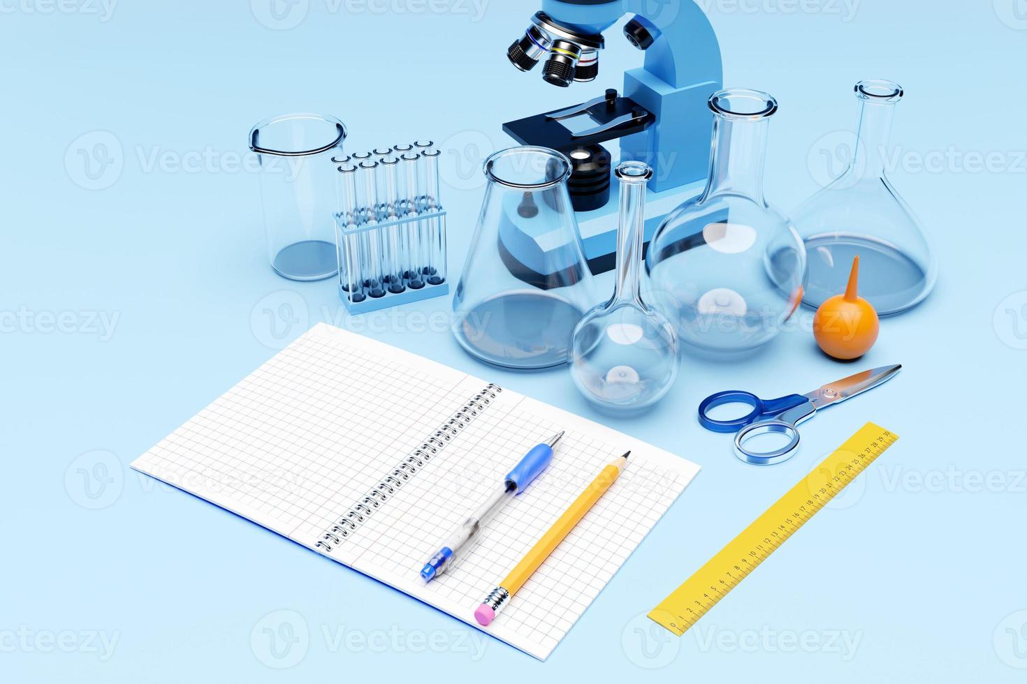 3d illustration of a set of laboratory instruments and a microscope. Chemical laboratory research on a blue background photo