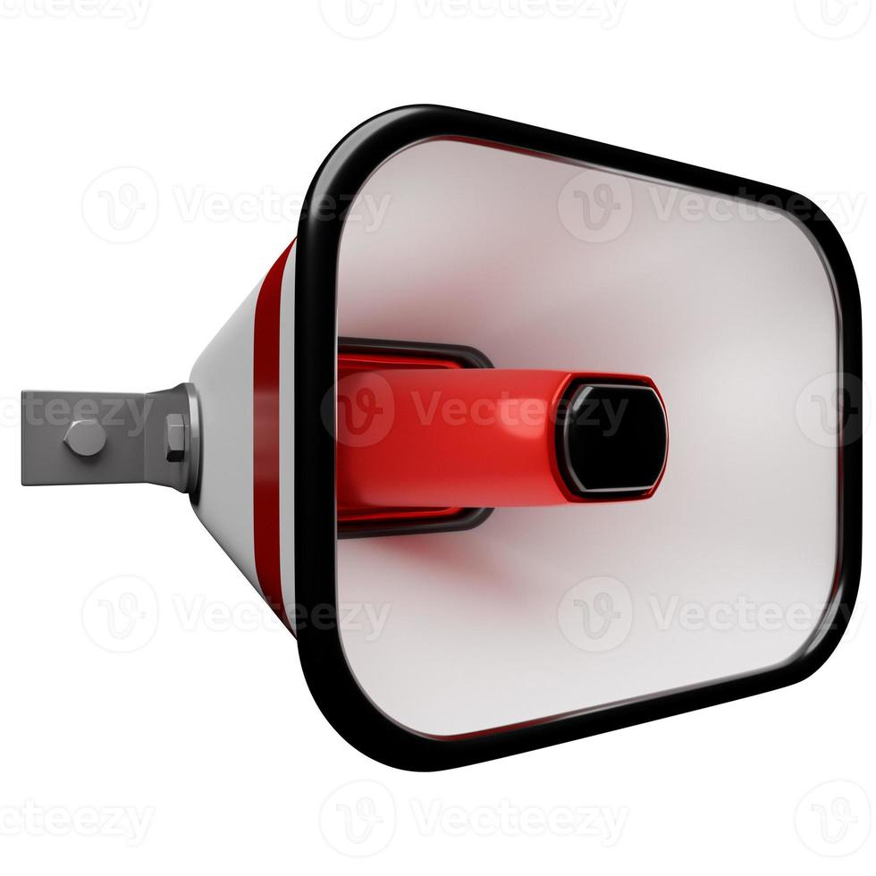 red  and white cartoon glass loudspeaker on a  white  monochrome background. 3d illustration of a megaphone. Advertising symbol, promotion concept. photo