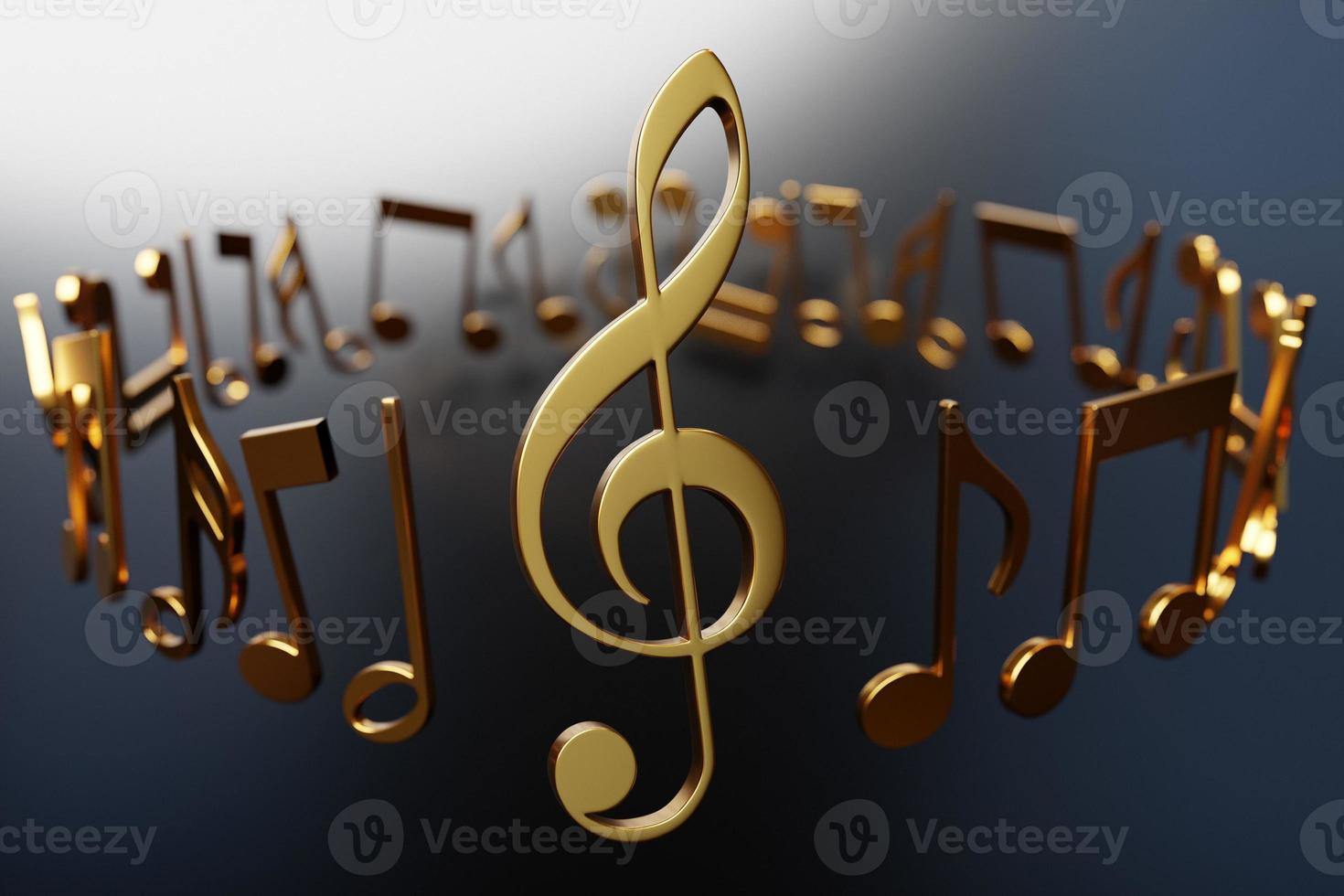 notas musicales y símbolos con curvas y remolinos sobre un fondo negro bajo un color claro. ilustración 3d foto
