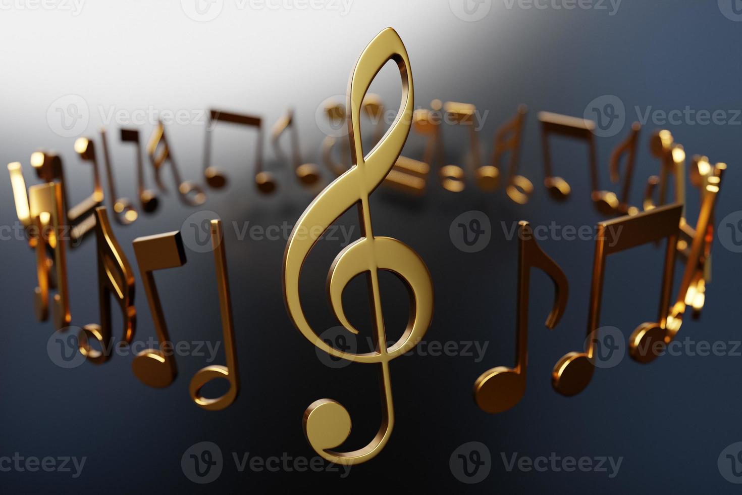 Musical notes and symbols with curves and swirls on a black  background under  light color. 3D illustration photo